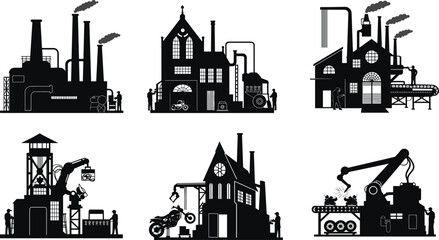 Fototapeta premium Industrial factory vector set, smokestacks with chimneys, conveyor belts, robotic arms, motorcycles, mining crane, human workers, modern automation manufacturing illustration collection