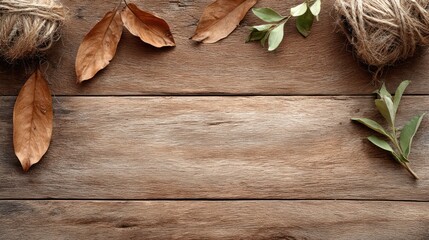 Autumn Leaves and Twine on Rustic Wooden Background