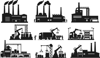 Industrial factory vector set, smokestacks with chimneys, oil pumpjack, cranes, trucks, robotic arms, conveyor belts, warehouse logistics automation illustration collection