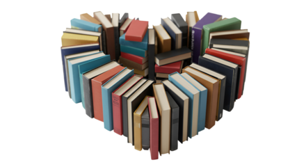 Love for Literature: A vibrant collection of books, arranged in the shape of a heart, symbolizes the deep affection for knowledge, stories, and the world of reading. A beautiful collection