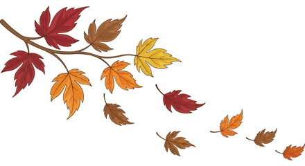 Autumn leaves falling from a branch in vibrant colors creating a seasonal background perfect for thanksgiving designs and fall themed graphics with a transparent backdrop for easy integration