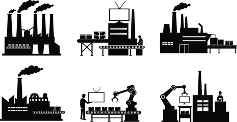 Naklejka premium Industrial factory vector illustration, isometric manufacturing process, automation, robotic arms, workers, machinery, conveyor belt, production line, heavy industry, modern technology design
