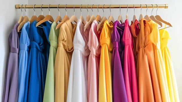 Assortment of fashionable multi-colored bridesmaid dress on hangers in row, copy space. Shopping, sale concept.