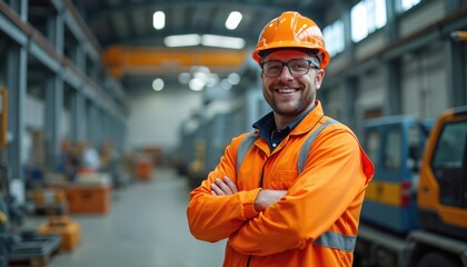 Man in orange safety clothes and hard hat smiles at industrial facility. Confident worker with crossed arms poses at factory with machinery. Professional pride in labor.