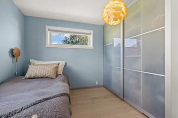 Modern luxury bedroom interior in minimal scandinavian style, 3d render
