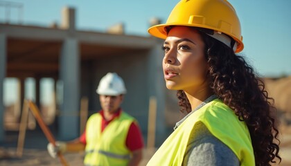 Native American woman construction manager. Female engineer in yellow safety helmet on building site. Construction worker with hard hat supervises building project. Women in construction industry.