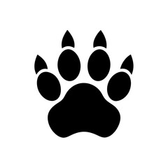 A simple black silhouette of a paw print on transparent background