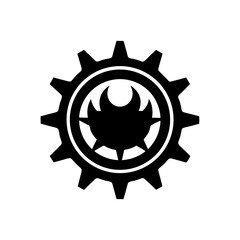 Black gear with abstract symbol at center on transparent background