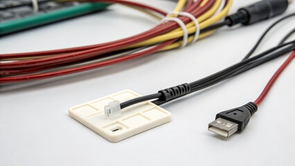 Close up view of usb cable and connector on a neutral background