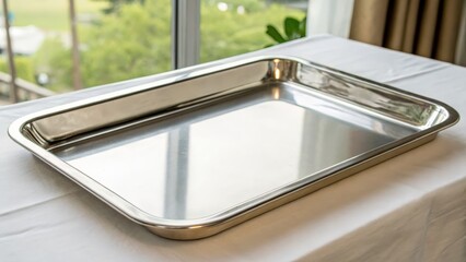 Shiny stainless steel serving tray on a table with natural light