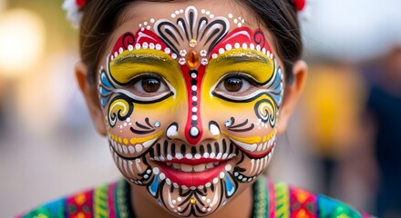A young girl with vibrant, intricate face paint smiles brightly, her face adorned with detailed patterns and bold colors, celebrating cultural tradition and artistic expression at a lively festival.

