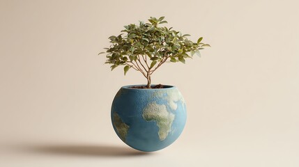 Create an elegant visual of Earth floating mid-air with a simple tree growing in a globe-shaped pot