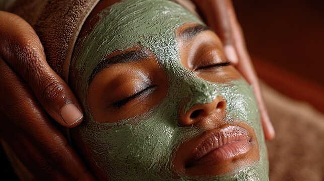 Young Black woman enjoying a refreshing facial mask applied by skilled hands, eyes closed in serene relaxation, embodying wellness and skincare with lush green foliage providing a natural backdrop