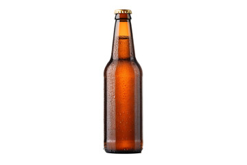 Close-up of a refreshing, condensation-covered amber glass bottle, perfect for a chilled beverage, standing isolated against a pristine white background, evoking a sense of cool refreshment
