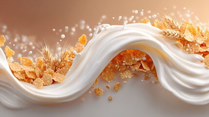 Golden Corn Flakes Splashing Dramatically in White Milk Wave