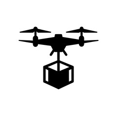 Drone carrying a package in black silhouette on transparent background
