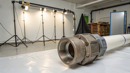 Industrial pipe fitting close up in studio environment with photography equipment
