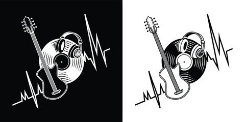 Musical composition featuring an acoustic guitar, vinyl record, headphones, and a heartbeat ekg line, presented in black and white, isolated on white background