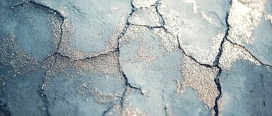 Cracked gray clay surface sprinkled with silver glitter. Abstract earthy background for design textures and modern styling visuals.