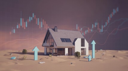 Futuristic house with rising financial graphs and arrows.