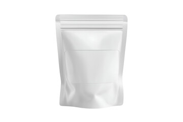 Clean white stand-up pouch with resealable zipper and blank label for product branding mockups