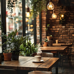 Trendy loft-style coffee shop interior with cozy lighting, brick walls, and modern furniture. Сafe promotions, lifestyle blogs, and hospitality branding.