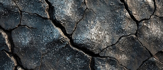  Macro shot of black cracked volcanic clay with shiny reflection and natural texture. Dramatic organic surface for backgrounds, mockups, beauty or spa product presentation.