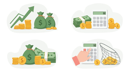 Financial Management And Investment Concepts Set - Business Growth, Savings, And Accounting Illustrations