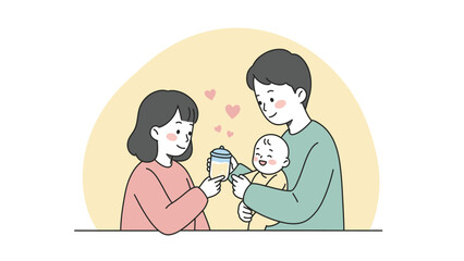 Happy Family Feeding Baby With Love - Parental Care Illustration