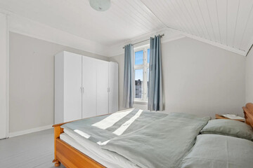 Modern luxury bedroom interior in minimal scandinavian style, 3d render
