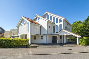 Modern villa exterior in minimal scandinavian style, 3d rendering