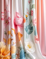 Silk curtains with surreal botanical prints, pastel colors, and abstract floral shapes, top-down view