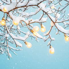 Snowy tree branches with small glowing warm lights against a blue background. Cozy winter decoration, for holiday cards and seasonal designs.