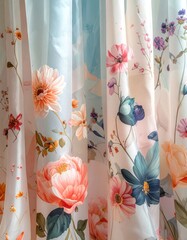Silk curtains with surreal botanical prints, pastel colors, and abstract floral shapes, top-down view