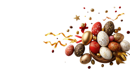 Easter Eggs with Festive Decorations on Transparent Background