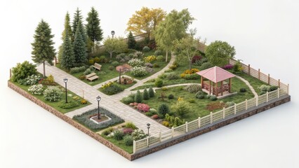 Beautifully designed garden landscape with flower beds pathways and structures