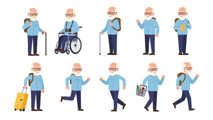 Active Senior Man Cartoon Character Set Engaging in Various Daily Activities
