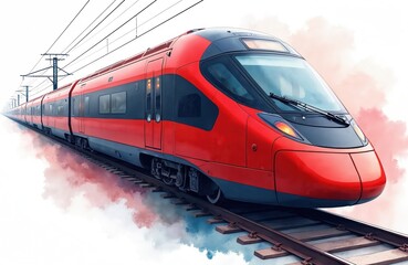 Fototapeta premium Modern red high-speed passenger train travels on railway tracks. Stylish eco friendly commute vehicle sleek design. Illustration features dynamic watercolor background showing fast motion journey.