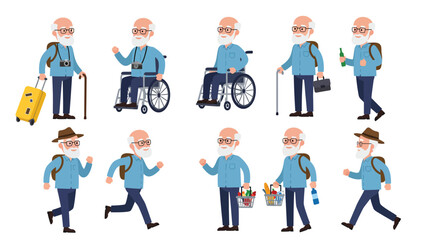 Active Senior Man Character Set: Diverse Lifestyle, Travel, and Daily Activities