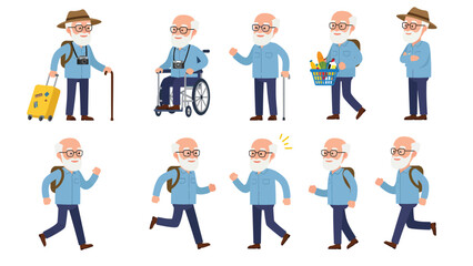 Diverse Senior Man Character Set: Grandfather Engaging In Various Life Activities