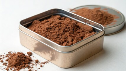 Chocolate powder in metallic container with spilled cocoa on white surface