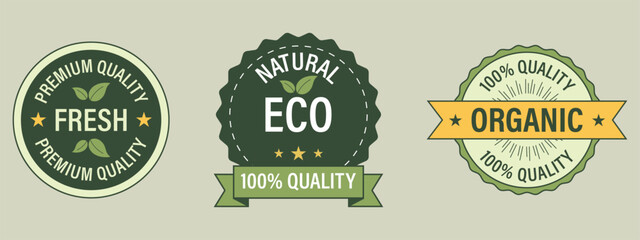 Set of three quality assurance badges for fresh, organic, and eco-friendly products
