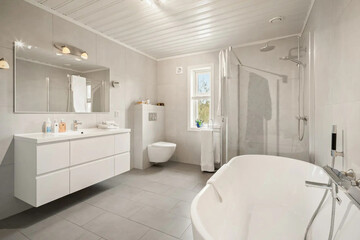 Modern bathroom interior in minimal scandinavian style, 3d render