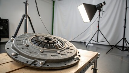 Close up of a camera lens with studio lighting and setup equipment
