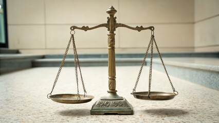 Symbolic representation of justice with classic balance scales on neutral surface
