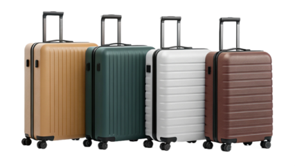 Four suitcases in various colors standing in a row against a black background in a studio shot created with generated ai