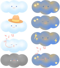 낮 하늘 구름 캐릭터와 밤 하늘 구름 캐릭터 감정 표현 일러스트: 미소 짓는 구름, 노래 부르는 구름, 우는 구름, 별이 빛나는 밤 구름, 꿈꾸는 밤 구름, 벼락 구름, 노래 부르는 밤 구름 캐릭터 일러스트 