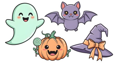 Naklejka premium A set of kawaii Halloween vector illustrations featuring a smiling ghost, a cute vampire bat with big eyes, a friendly pumpkin holding a lollipop, and a cartoon witch hat with a bow. Clean lines, soft