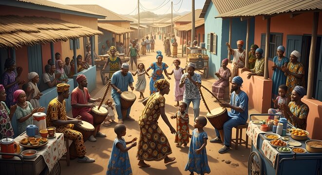 A lively street scene in an African village with people dancing, playing drums, and sharing food, celebrating community, tradition, and the vibrant culture of local music and togetherness.

