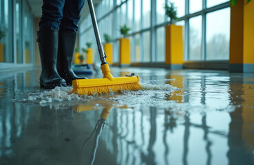 Worker in boots mops water on flooded office floor. Person cleans up spill using yellow broom in modern building hallway. Interior needs maintenance after leak or storm.